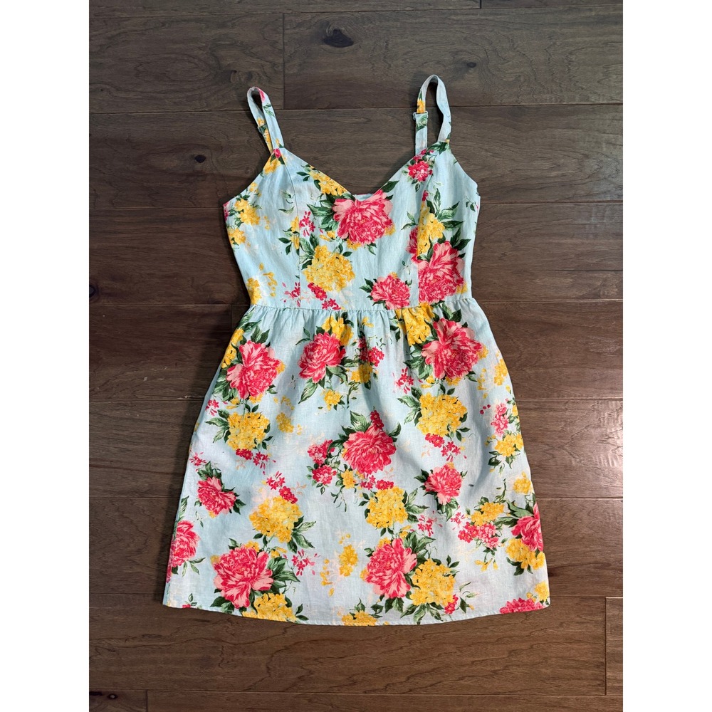 Cynthia Rowley Blue Floral 100% Linen‎ Mini Dress Pockets Womens Size 6